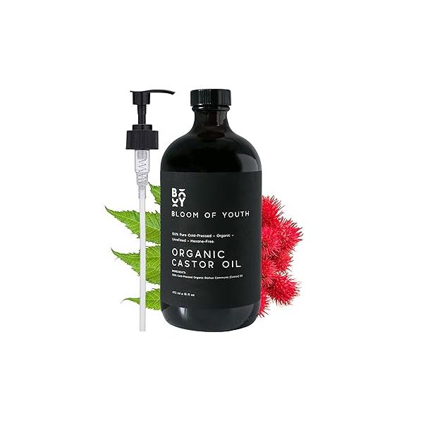 100% Pure Cold Pressed Organic Castor Oil, Glass Bottle 16oz | Hexane Free, Unrefined, USDA Certified For Hair Growth, Skincare, Oil Pack, Face, Joints, Carrier Eyelashes, Eyebrows