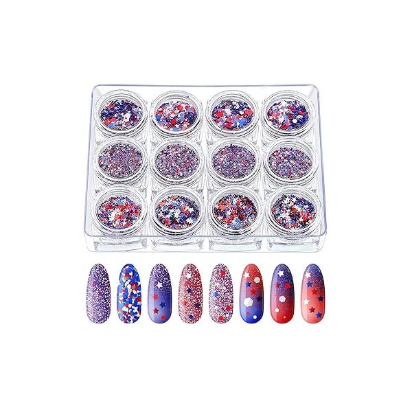 12 Boxes 4th of July Nail Glitter Independence Day Patriotic Art Star Sequins Holographic Red Blue Silver Mixed Sparkly for Women Girls Decoration