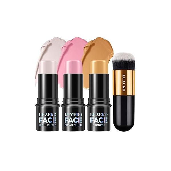 Lezero 3Pcs Contour Stick Makeup Kit, Shades with Highlighter, Blush and Bronzer Trio for Sculpt the Cheeks Body, Long Lasting, Smooth, Dewy & Matte Finish, LIGHT MEDIUM (02,05,06)
