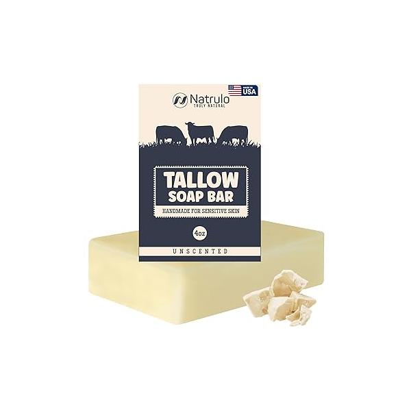 Beef Tallow Soap Bar - All Natural Grass Fed Unscented Moisturizing Face & Body Wash Great for Eczema, Dry, Itchy, Sensitive Skin Handcrafted Bath Adults, Kids, Made in USA