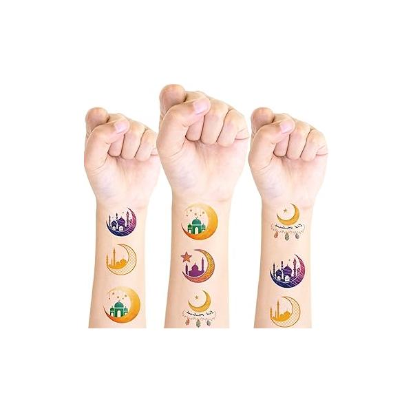 20Pcs Happy Ramadan Temporary Tattoos Eid Mubarak Sticker Moon Star Castle Fake Tattoo Stickers for Kids Boys Girls Body Arm Neck