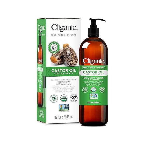 Cliganic Organic Castor Oil, 100% Pure (32oz with Eyelash Kit) - For Eyelashes, Eyebrows, Hair & Skin | Natural Cold Pressed Unrefined Hexane-Free