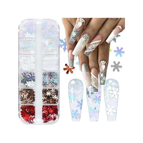 12 Grids Snowflake Nail Glitter Sequins 3D Art Stickers Decals Holographic Laser for Nails Face Crafts Confetti Christmas Flakes Snow