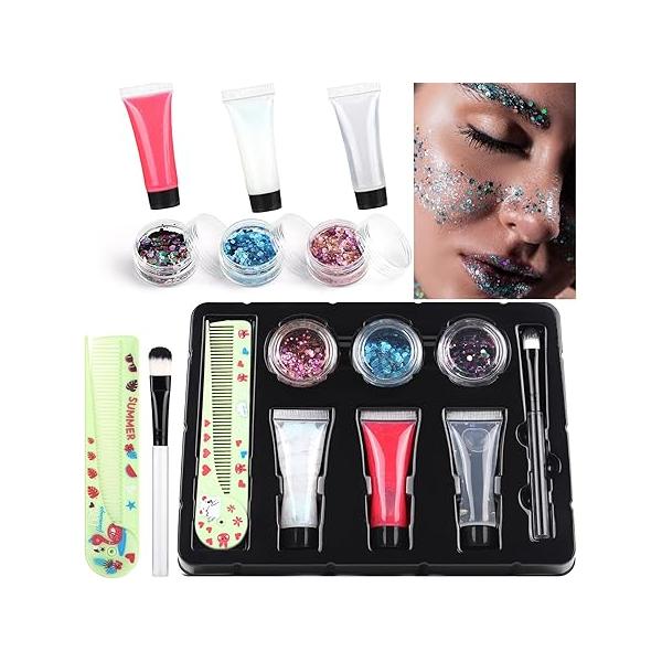 Body Glitter + Glow UV Hair Color Glue Kit, for Kids Includes 3 Chunky Glitters, Color, Brush, Comb, Face Party Singer Concerts Festival Rave Accessories