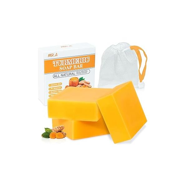 MR.A 3Packs Turmeric Soap Bar, Organic Tumeric for Face and Body, Lemon bar with Vitamin C, E All Skin Type, Wash Smoothing, Moisturizing skin