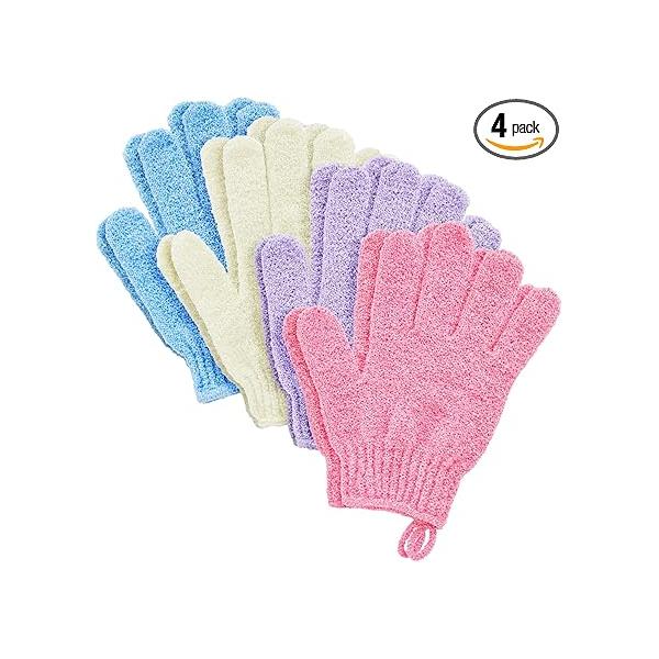 4 Pairs Body Exfoliating Gloves for Shower, Bath Scrub Wash Mitt Women, Men, Spa, Massage (Pink, Purple, Blue, Beige)