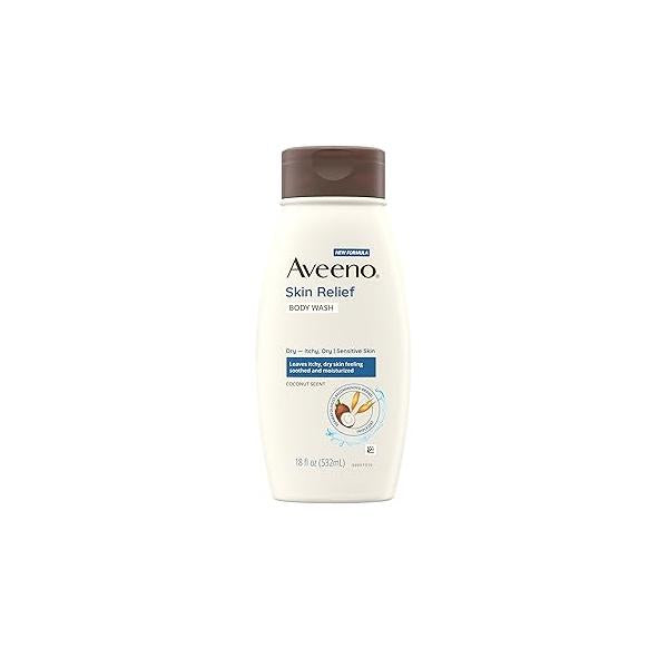Aveeno Skin Relief Body Wash with a Gentle Coconut Scent & Triple Oat Formula, Daily Cleanser for Sensitive Leaves Itchy, Dry Feeling Soothed Moisturized, Soap-Free, 18 fl. oz