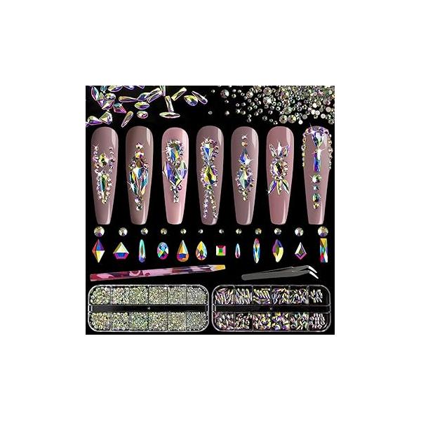 Multi Shapes 3D Glass AB Crystal Nail Art Rhinestones Kit with Flatback Round Bead Charm Gem Stone Jewelry Diamond Pickup Pen + Tweezer for Manicure Craft Decoration by BELLEBOOST (Iridescent)