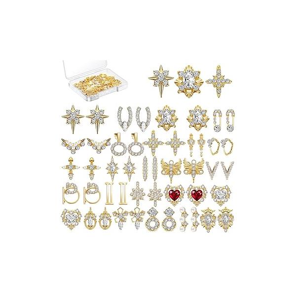 Maitys 48 Pcs Charms Gold 3D Nail Gems Heart Rhinestones Shiny Diamonds Metal Crystals Jewelry Luxury Decoration with Storage Box for Women DIY Hand Beauty, 24 Styles