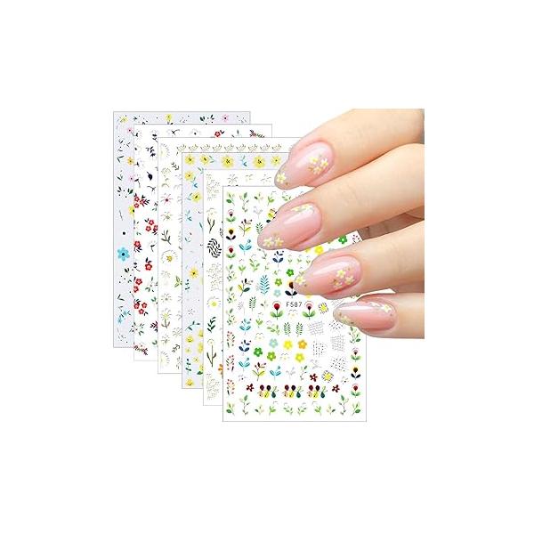 6Sheets Flower Nail Art Stickers 3D Colorful Flowers Decals Supplies Exquisite Spring Floral Leaf Cherry Blossom Designs Summer Daisy Sticker for Woman French Manicure Decorations
