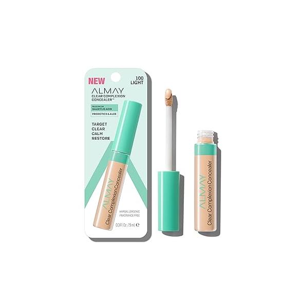 Almay Clear Complexion Acne & Blemish Spot Treatment Concealer Makeup with Salicylic Acid- Lightweight, Full Coverage, Hypoallergenic, Fragrance-Free, for Sensitive Skin, 100 Light, 0.3 fl oz.