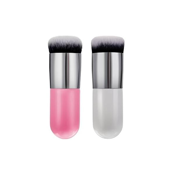 2 Pieces Foundation Brush Chubby Makeup Kabuki Travel Powder for Blending Liquid, Cream or Cosmetics (white and rose gold, pink silver)
