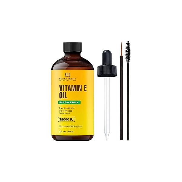 Botanic Hearth Vitamin E (Styling Oil, Glass Bottle 2 fl oz) | 100% Pure & Natural 35,000 IU For Growth of Nails, Hair, Eyebrows Eyelashes Includes Brush Set Hair Body Oil