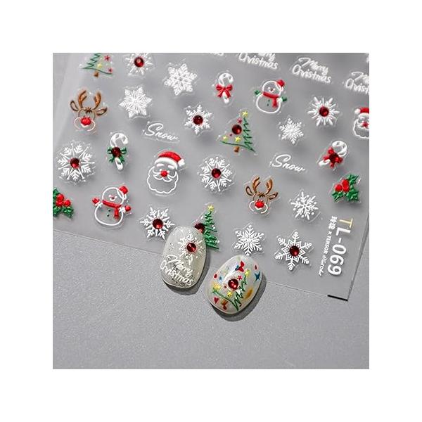 Christmas Snowflake Nail Art Stickers White Embossed Decals Xmas Winter 5D Self-Adhesive Cute Tree Snowmen Elk Rhinestones Design Supplies for Women Girls Decoration