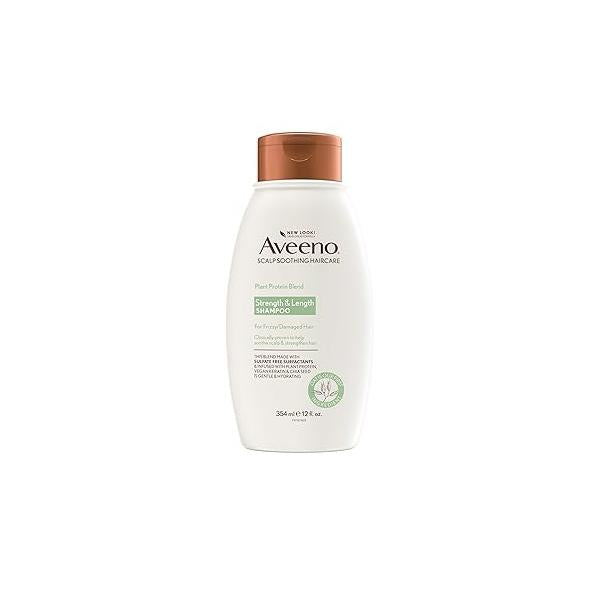 Aveeno Strength & Length Plant Protein Blend Shampoo, Vegan Formula for Strong Healthy-Looking Hair, White, Unscented, 12 Fl Oz