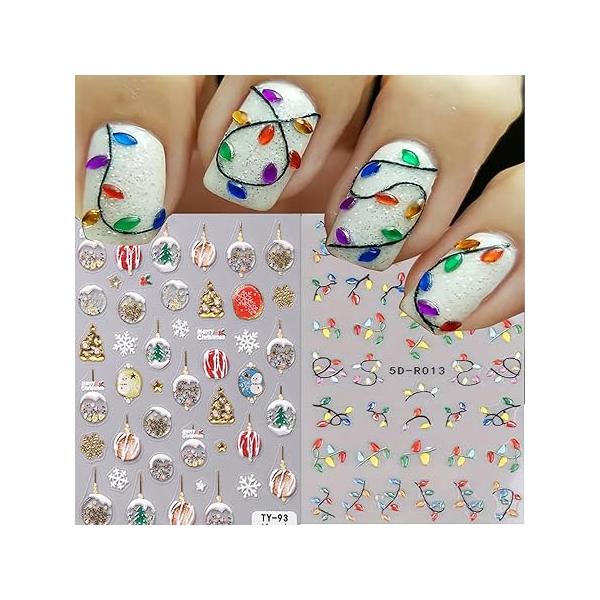 Christmas Nail Art Stickers 5D Embossed Decals Tree Lantern Ball Snowflake Colored Lights Design Decor Winter Manicure Accessories for Decorations 2Pcs