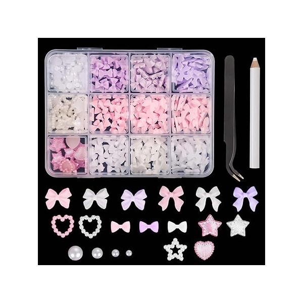 500pcs Multicolor Mix Shapes Bow Nail Charms - Love Heart, Pentagram, Pearl Resin Decorations with Tweezers Pickup Tool DIY Accessories for Girls & Women