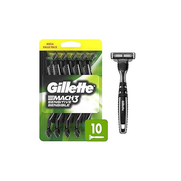 Gillette Mach3 Sensitive Razors for Men, Men’s Disposable Razors, Pivoting Head Close and Comfortable Shave, 10 Count