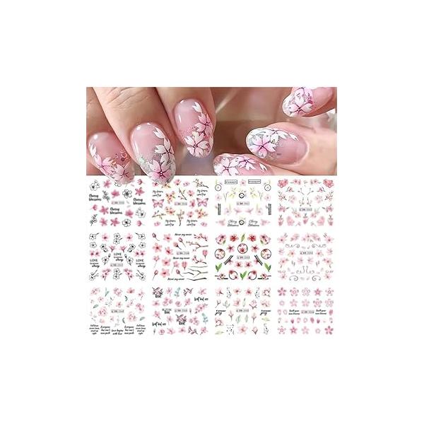 12Pcs Pink Flower Nail Art Stickers Decals Cute Cherry Blossom Supplies Watercolor Floral Water Transfer Design Spring Summer for Women DIY Manicure Decorations Accessories