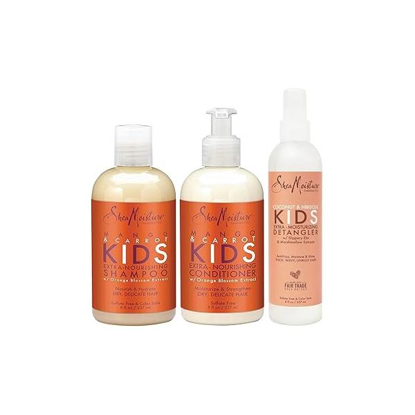 SheaMoisture KIDS Shampoo and Conditioner Set, Extra-Nourishing Mango & Carrot + Coconut Hibiscus Detangler Spray for KIDS, 8 Fl Oz (3 Piece Set)