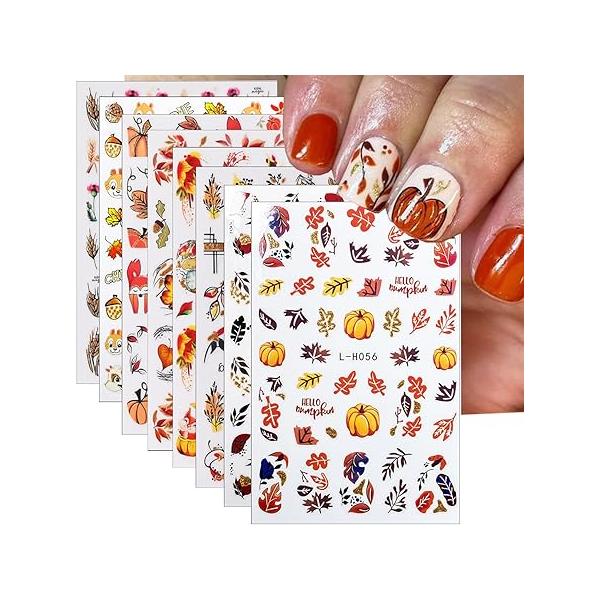 8Sheets Fall Thanksgiving Nail Art Stickers,3D Autumn Leaves Adhesive Stickers Set, Cute Pumpkin Fox Leaf Glitter Design Decals Maple Supplies Women Manicure Decor Accessories