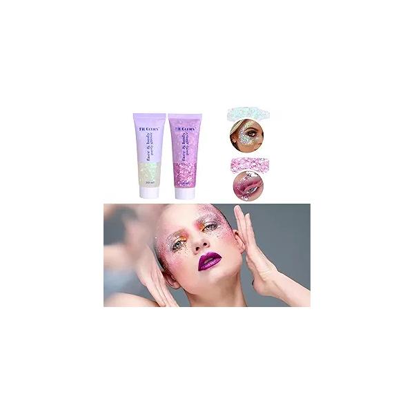 Body Glitter Gel, JetlagClock - Face Singer Concerts Music Festival Rave Accessories for Eye Lip Hair, Mermaid Makeup (White+Pink) 100ml