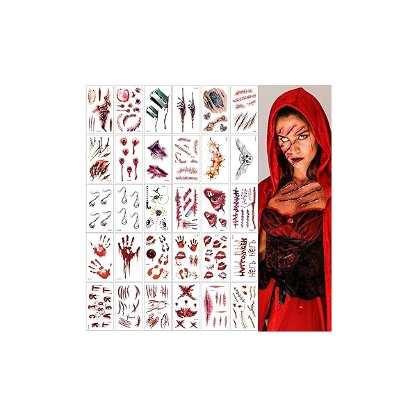 30 Sheets Fake Scars Temporary Tattoo - 2024 Zombie Scratch Scar Wound Body Face Stickers Halloween Makeup for Adults Cosplay Party