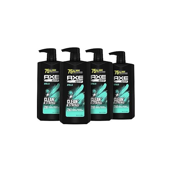 AXE Wash & Care 2-in-1 Shampoo Conditioner Apollo 4 Count for Clean Strong Hair Sage Cedarwood 100% Recycled Bottle 28 oz