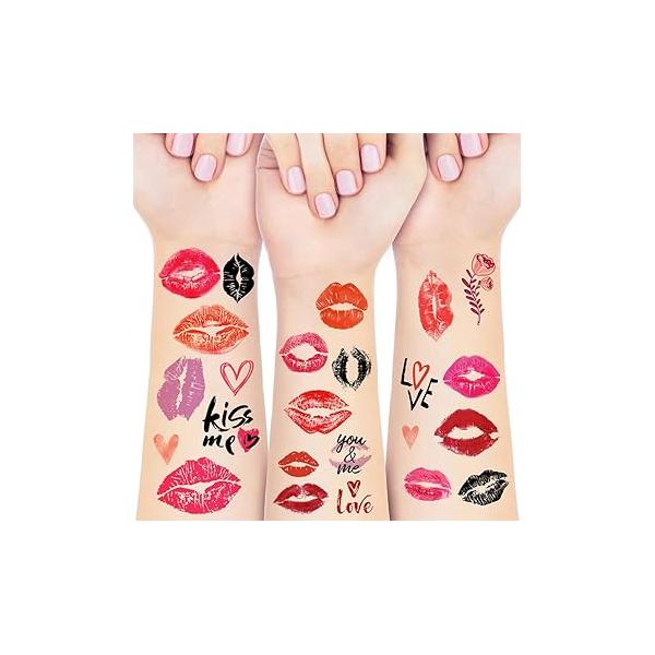 10 Sheets Temporary Tattoos Adult Red Lips Heart Love Rose Waterproof Fake for Women Girls Man Valentines Wedding Party Supplies Face Body Art Decals