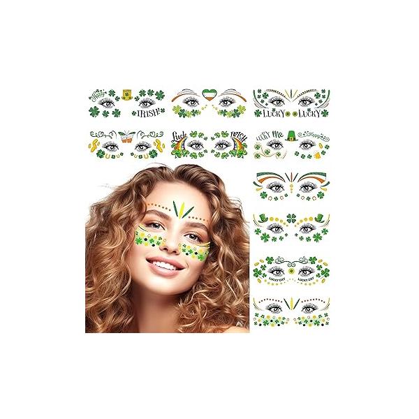 10 Sheets St. Patrick's Day Face Tattoos Stickers, Shamrock Temporary for Women Men Green Lucky Clover Stickers Decals Irish Parade Saint Party Favors Kids Body Decorations