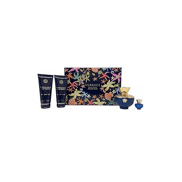 Versace Dylan Blue 4 Piece Gift Set for Women (3.3 Ounce Eau De Parfum Spray + 3.4 Body Lotion Shower Gel 0.17 Mini Spray)
