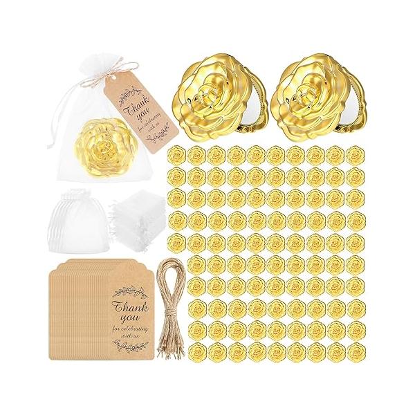 Panelee 96 Set Rose Compact Mirrors Bulk Wedding Party Favors Including Shape Thank You Tags and Jute Twine with White Organza Bags for Guests Souvenir(Gold)