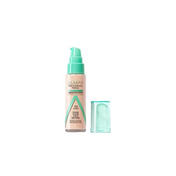 Almay Clear Complexion Acne Foundation Makeup with Salicylic Acid, Medium Coverage, Soft Matte Finish, Hypoallergenic, Cruelty- & Fragrance-Free, Dermatologist Tested, 100 Ivory, 1 fl oz