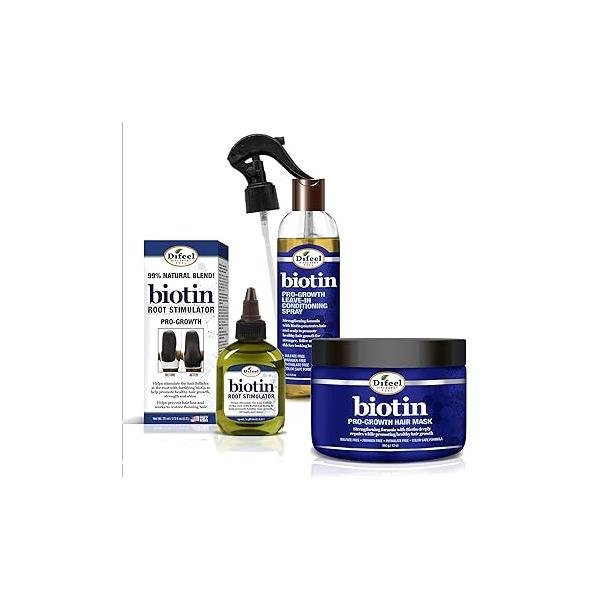 Difeel Biotin 3-PC Hair Growth Treatment Powerpack - Includes 12oz Mask, 6oz Leave in Conditioning Spray & 2.5oz Root Stimulator
