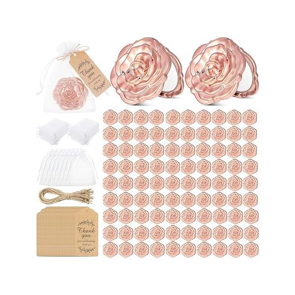Panelee 96 Set Rose Compact Mirrors Bulk Wedding Party Favors Including Shape Thank You Tags and Jute Twine with White Organza Bags for Guests Souvenir(Gold)