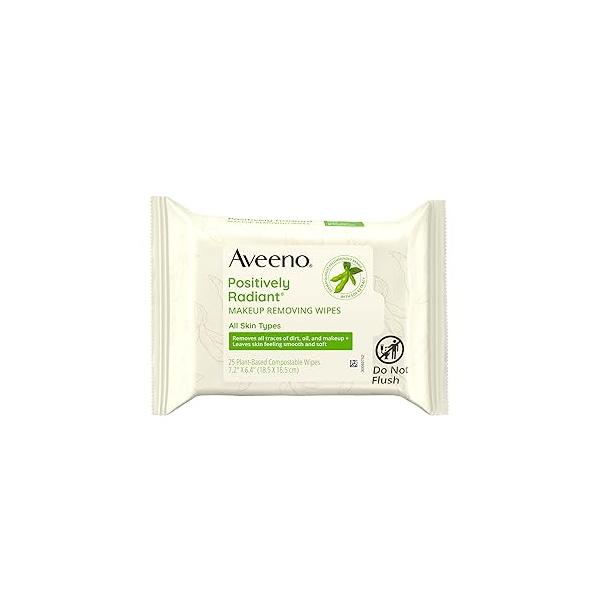 Aveeno Positively Radiant Makeup Remover Wipes, Gentle Individual Face Wipes with Moisture-rich Soy Extract to help leave your skin looking bright, Hypoallergenic Formula, Non-Comedogenic (Pack of 25)