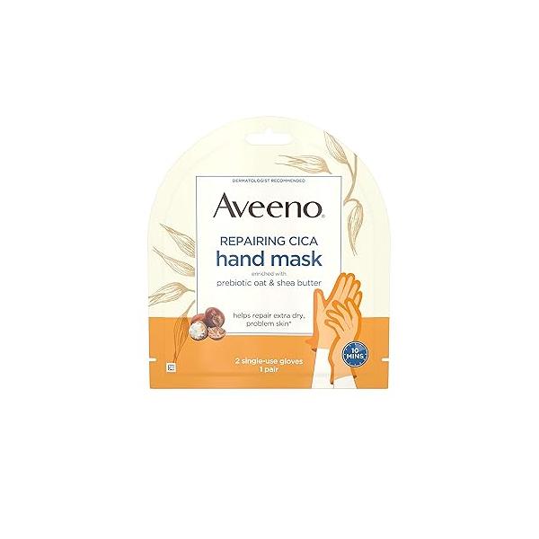 Aveeno Repairing cica hand mask with prebiotic oat and shea butter for extra dry skin, paraben-free fragrance-free, 1.0 Count (Pack of 36)