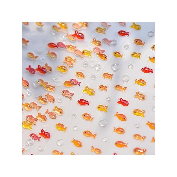 Little Red Fish Nail Art Stickers - Embossed Jelly Goldfish Koi Decals 5D Self-Adhesive Yellow Bubble Design Supplies for Women Girls Kid Summer Decorations 1 Sheet