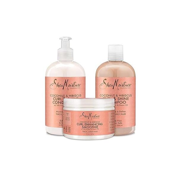 SheaMoisture Coconut & Hibiscus Curl Shine Bundle - Shampoo, Conditioner + Enhancing Smoothie for Curly Hair Care
