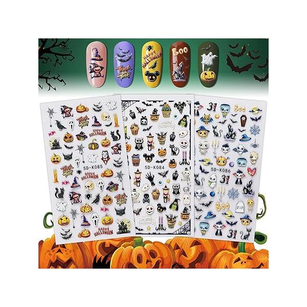 Kalolary 5D Halloween Nail Art Sticker Decals, Real Stereoscopic Embossed Self-Adhesive with Skull Pumpkin Bat Ghost Witch for Decorations