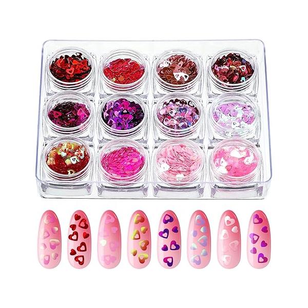 12 Boxes Valentine's Day Nail Glitter Heart Sequins Holographic Red Pink and Hollow Decals for Women Girls Makeup Decoration(Heart Style,Multi Color)