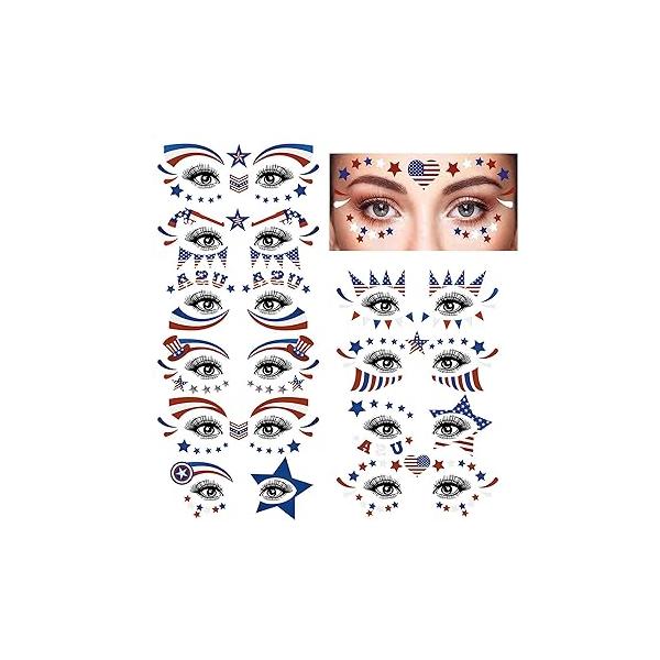 10 Sets 4th of July Temporary Tattoos Stickers Independence Day Face Eye Tattoo Sticker Waterproof Sweatproof American Flag USA Star Patriotic Memorial for Adult Kids Make Up Party Parade red