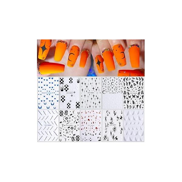 10 Sheets French Nail Stickers for Art, Art Supplies 3D Self-Adhesive Decals Star Moon Butterfly Flower Flame Strips Lines V Design Glitters Manicure Tips Decoration