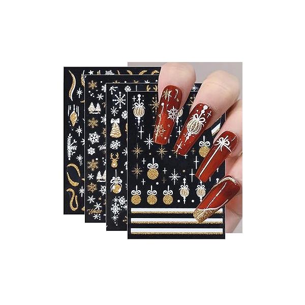 4 Sheets Christmas Nail Art Stickers Cute Xmas Winter Decals Gold Glitter White 3D Self-Adhesive Snowflake Stripes Light Ball Nails Design Supplies Holiday Decoration for Women Girls