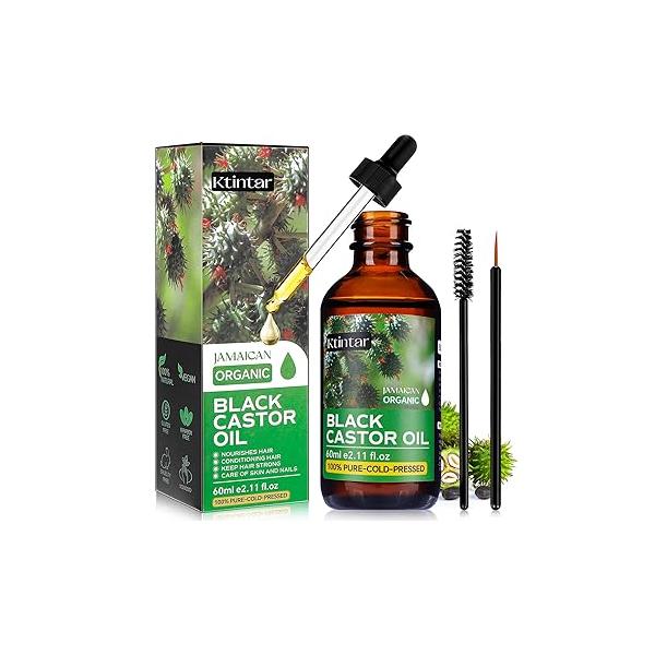 Jamaican Black Castor Oil,100% Pure and Natural Organic Oil Cold Pressed Glass Bottles, Hair Growth, Eyebrow Care, Skin Nourishes & Hydrates Hair, 60ML