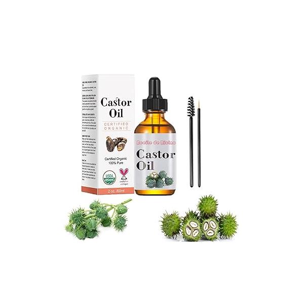 Castor Oil 2 OZ- Aceite de Ricino - Cold Pressed 100% Pure, Certified Organic, Hexane Free for Eyelashes, Eyebrows, Beard, Hair Growth Women and Men