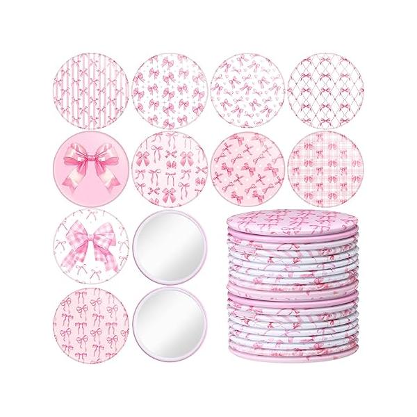 20 Pcs Pink Bow Coquette Compact Mirrors Bulk 2.75 Inch Round Portable Pocket Makeup Mirror Party Favors Gifts for Women Birthday Bridal Shower Bachelorette Quinceanera Decor