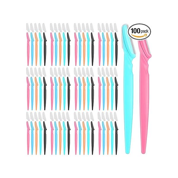 100 Pcs Eyebrow and Face Razors for Women Men, Multi-Color Hair Trimmers with Protective Covers, Safe Newbie-Friendly
