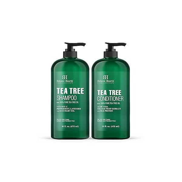 Botanic Hearth Tea Tree Shampoo and Conditioner Set - with 100% Pure Oil, for Itchy Dry Scalp, Sulfate/Paraben Free Men Women 16 fl oz each