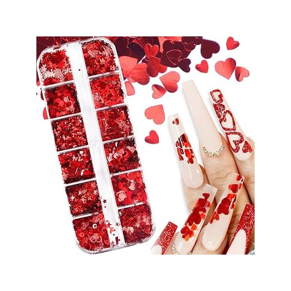 Heart Nail Art Glitter Valentine's Day 3D Holographic Sparky Love Sequins Laser Hearts Supplies Butterfly Letter Star Glitters Flakes Acrylic Charm Design Decoration 12 Grid